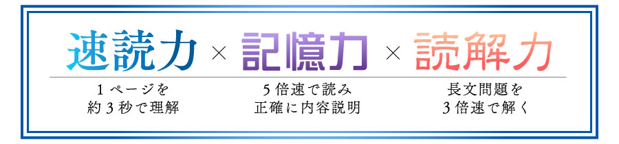 速読力×記憶力×読解力。1ページを約3秒で理解。５倍速で読み正確に内容説明。長文問題を３倍速で解く