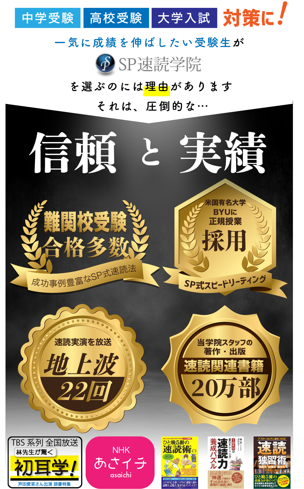 中学受験・高校受験・大学入試の対策に！一気に成績を伸ばしたい受験生がSP速読学院を選ぶのには理由があります。それは圧倒的な信頼と実績　難関校受験合格多数　当学院スタッフの著作・出版速読関連書籍多数！　メディア出演で大反響　米国有名大学BYUに世紀授業採用　まずは無料体験レッスンで速読の効果を体験しませんか？