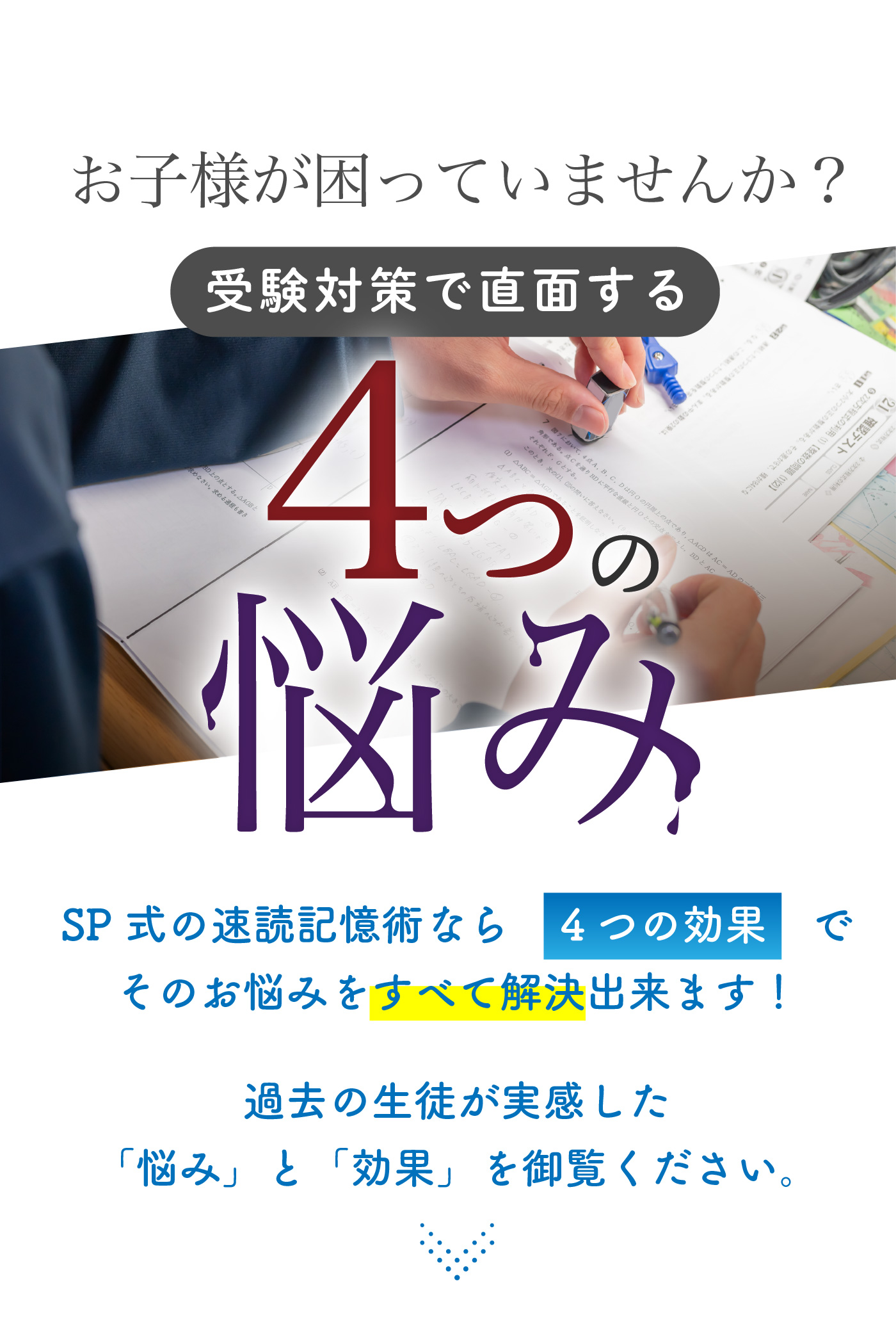 お子様が困っていませんか？受験対策で直面する４つの悩み　SP式の速読記憶術なら４つの効果でそのお悩みをすべて解決できます！過去の生徒が実感した「悩み」と「効果」を御覧ください。